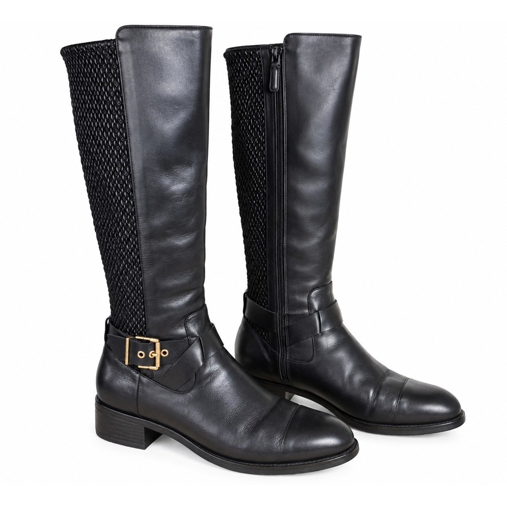 Cole Haan Womens 9.5 B Black Leather Waterproof Tall Riding Boots Woven Back